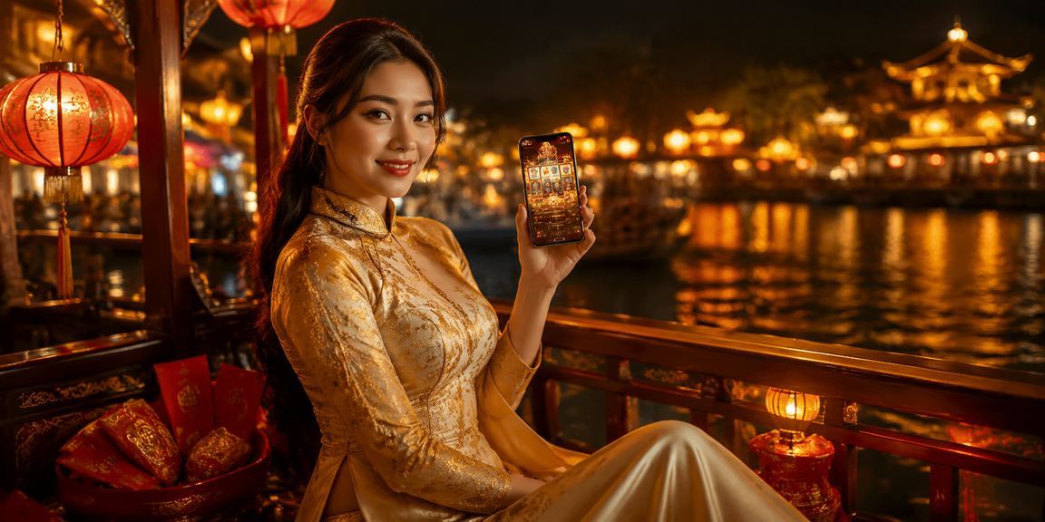 Người chơi Huế mặc áo dài trải nghiệm slot game trực tuyến trên điện thoại